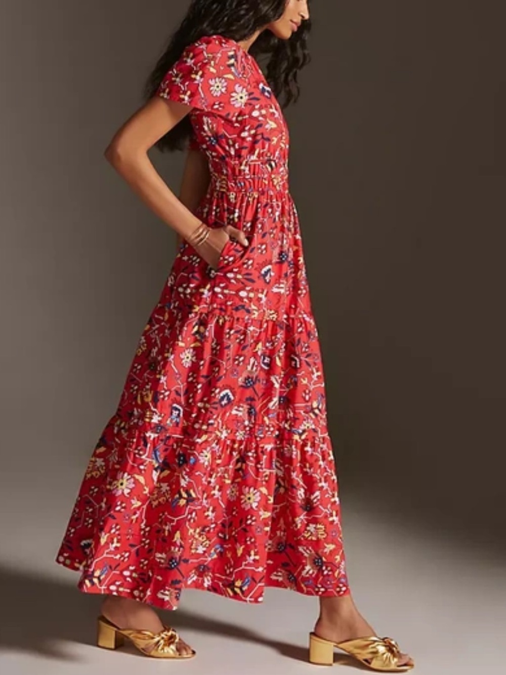 Anthopologie Red Floral Maxi Dress with Tiered Skirt Sz 2X- 100% Cotton - Picture 2 of 12